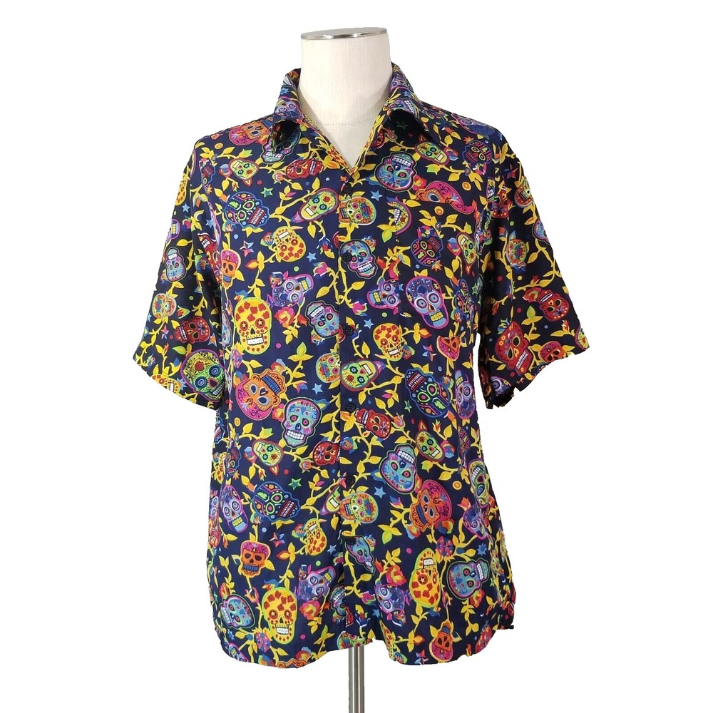 India Boutique shirt men's large Blue Hawaiian Voodoo Lounge skulls psychedelic